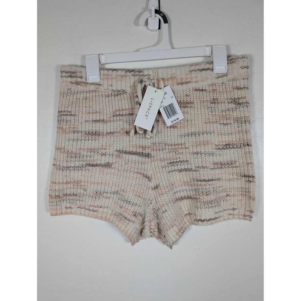 L Space Knit‎ Shorts Womens Large Beige Pink Stripe Drawstring Lounge Pocket New